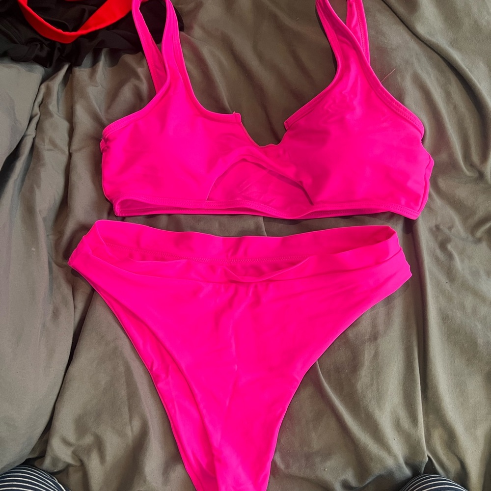 Neon pink high cut bathing suit